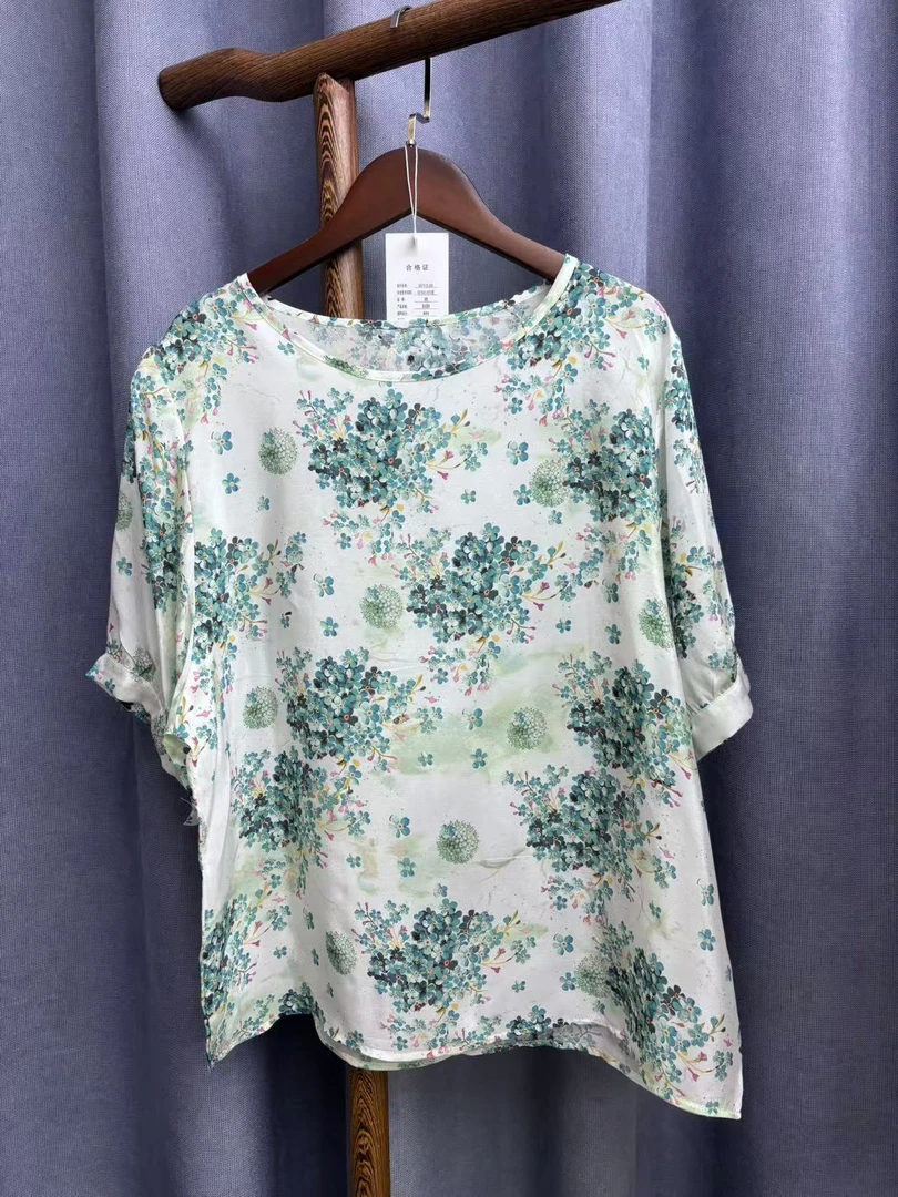 2025夏季新款休闲时尚圆领桑蚕丝印花双绉上衣女A181