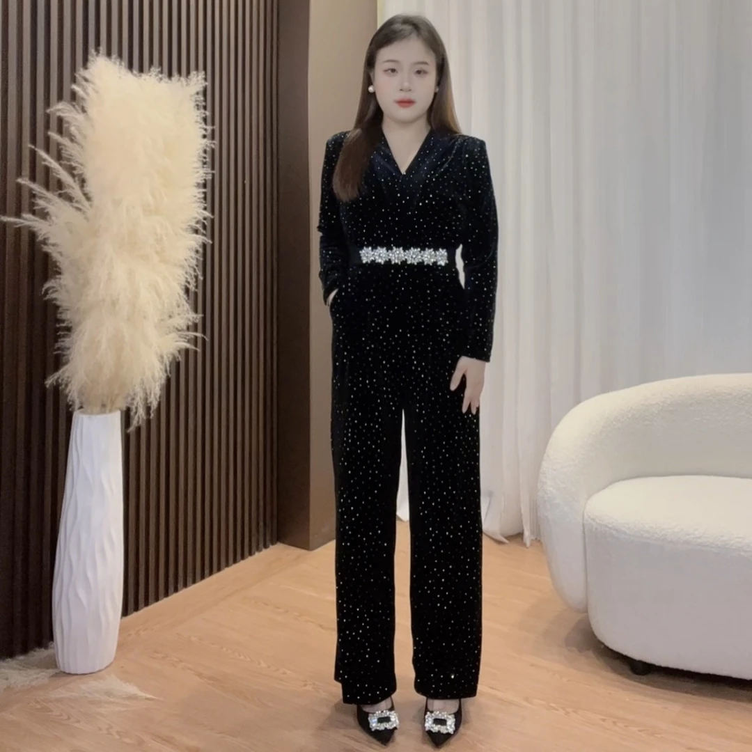 【珍珍专属】小个子秋冬高定丝绒立体钻高腰直筒长袖连体裤24036