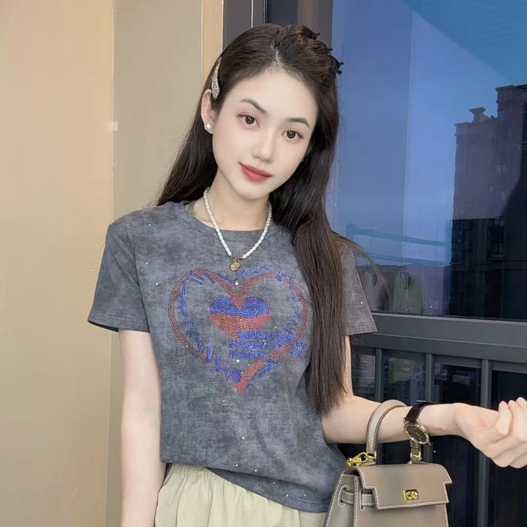 AngBoBan2025短袖烫钻满天星风火轮100%短袖圆领修身显瘦T恤女