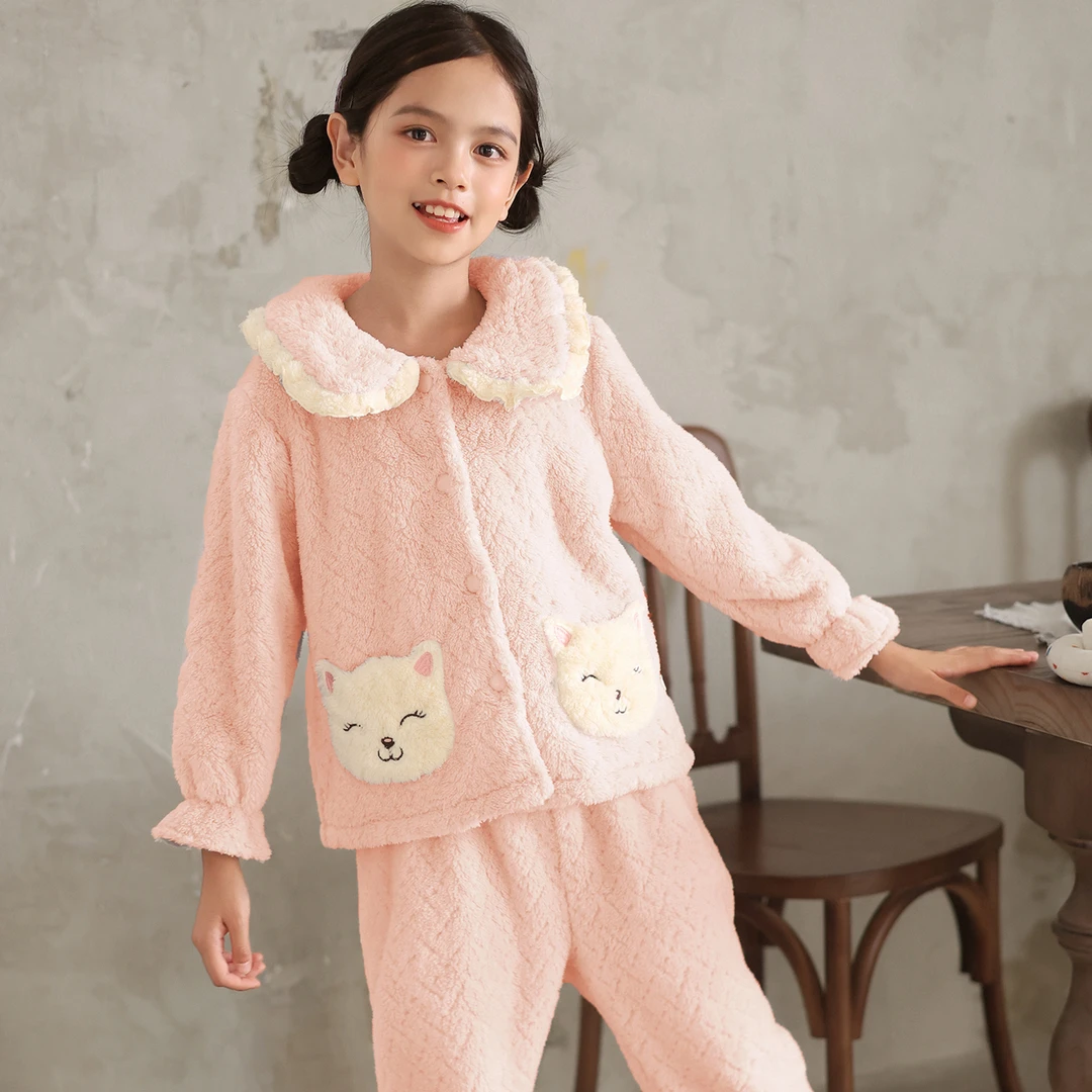 2025新款儿童贵妃绒睡衣套秋冬a类可爱猫加厚加绒女童保暖家居服
