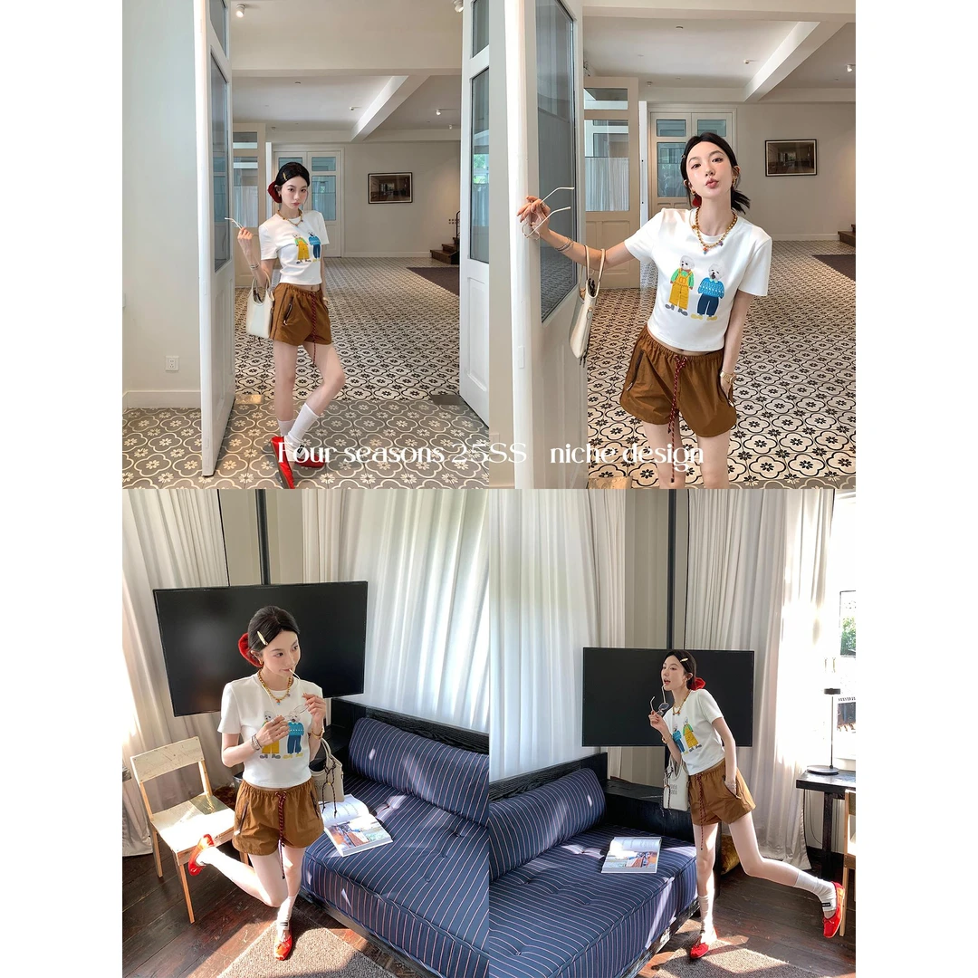 区区欧阳 撞色抽绳运动短裤女夏季新款休闲裤松紧腰a字辣妹裤子
