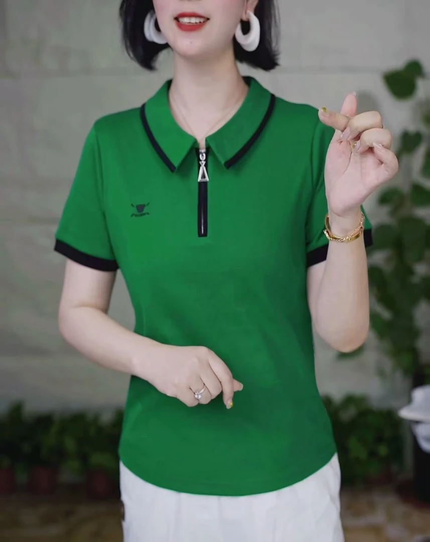 2025夏季新品翻领短袖正肩T恤宽松刺绣时尚修身短款休闲上衣