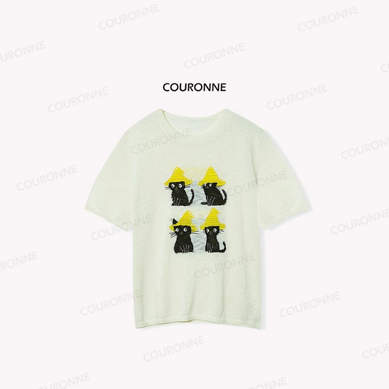 【草帽猫】夏季百搭套头圆领短袖小猫咪针织甜美可爱风格衣服33140