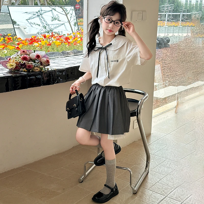 女大童夏季套装2025新款洋气夏装短袖花边衬衫女孩时髦短裙两件套