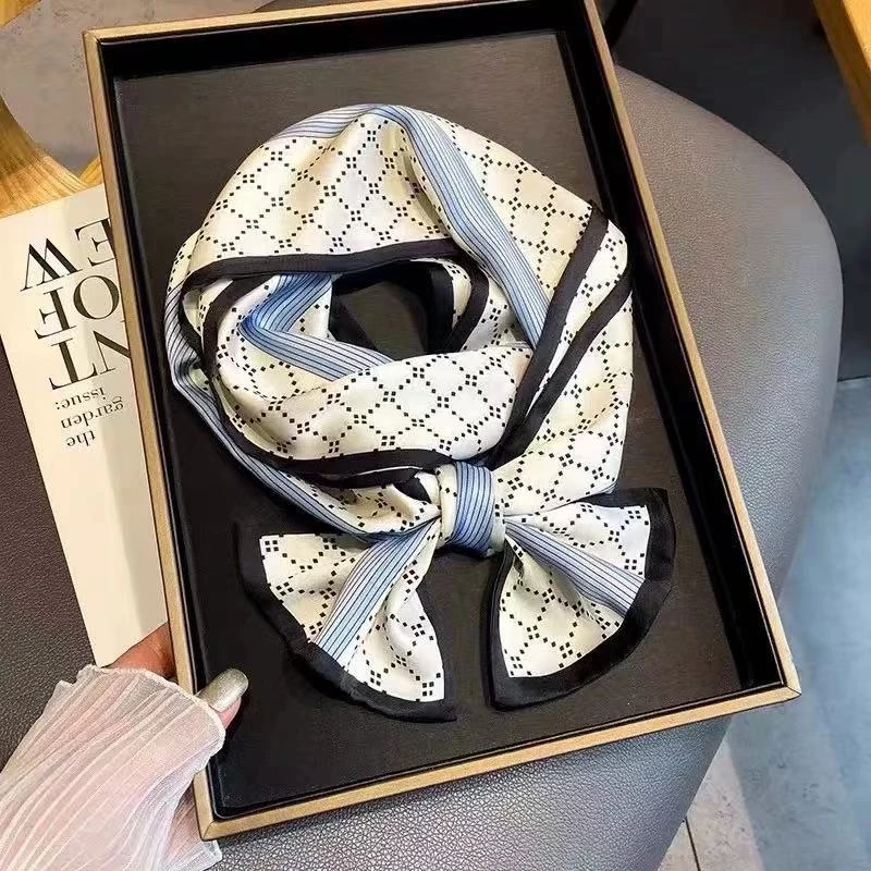 100%桑蚕丝【菱格蓝条纹】145x16cm长飘带双层真丝丝巾女士G322