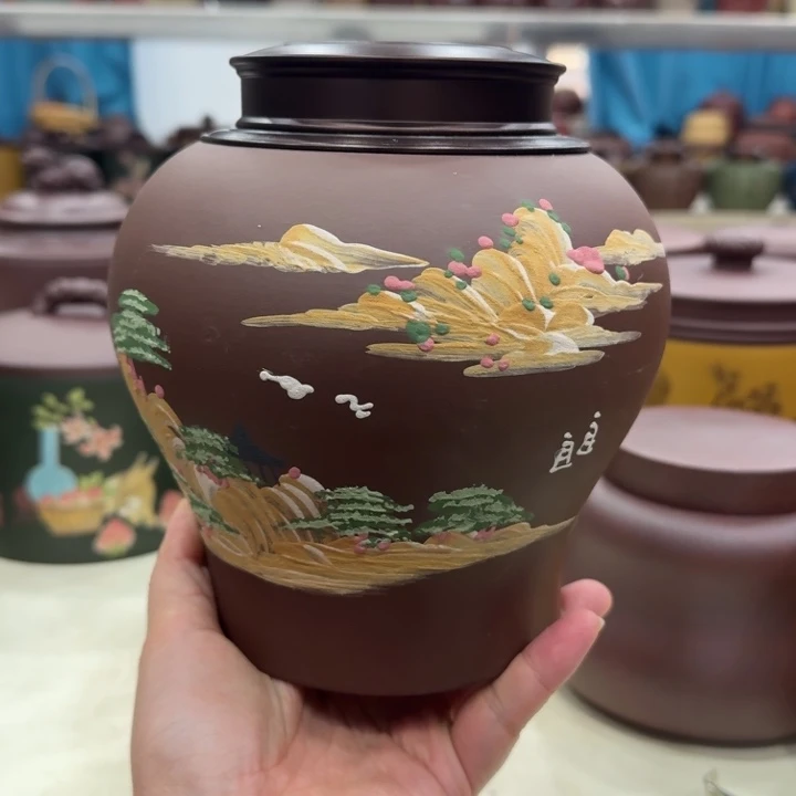 茶叶罐紫砂美人尖泥绘一斤锡罐