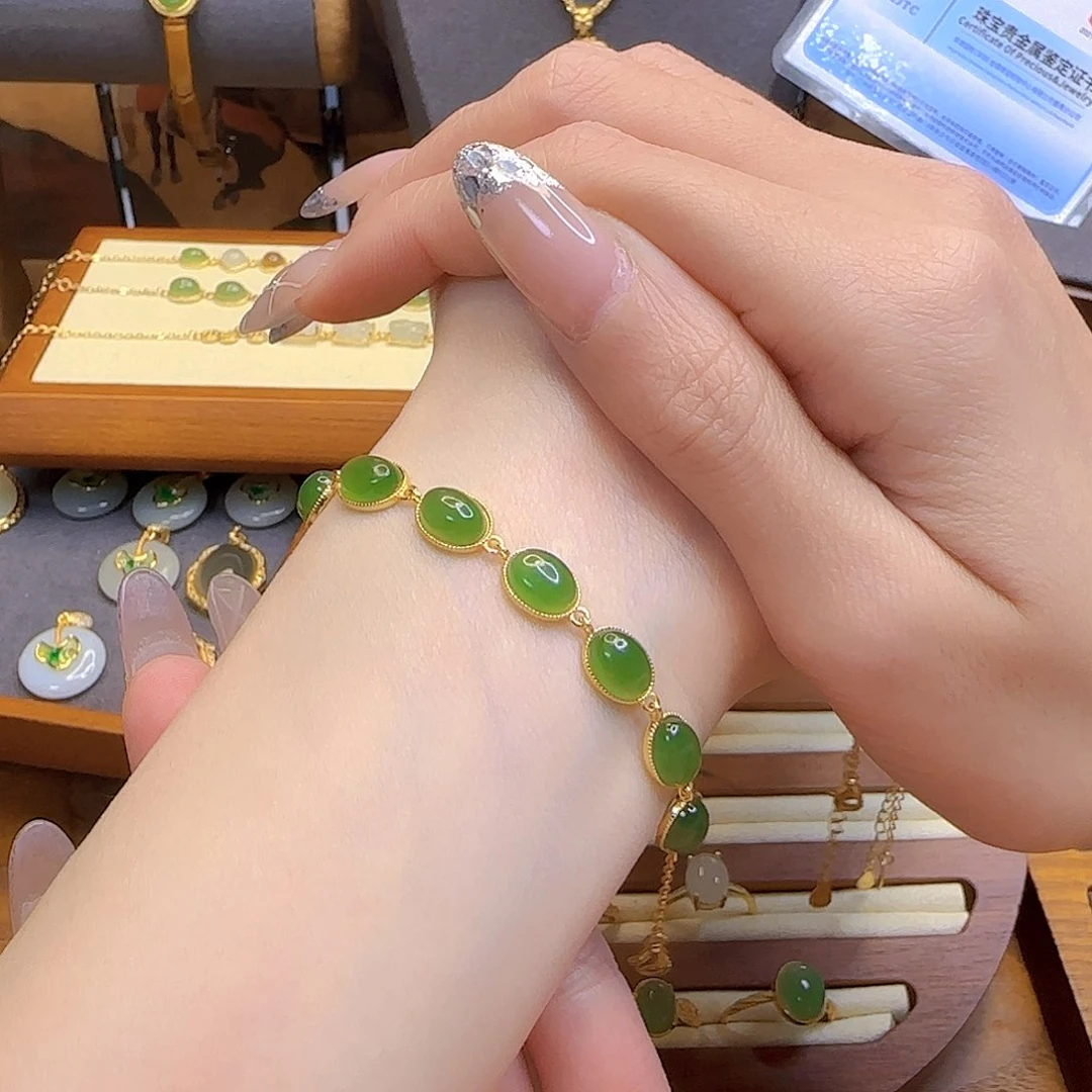 和田玉手链银S925镀金镶嵌