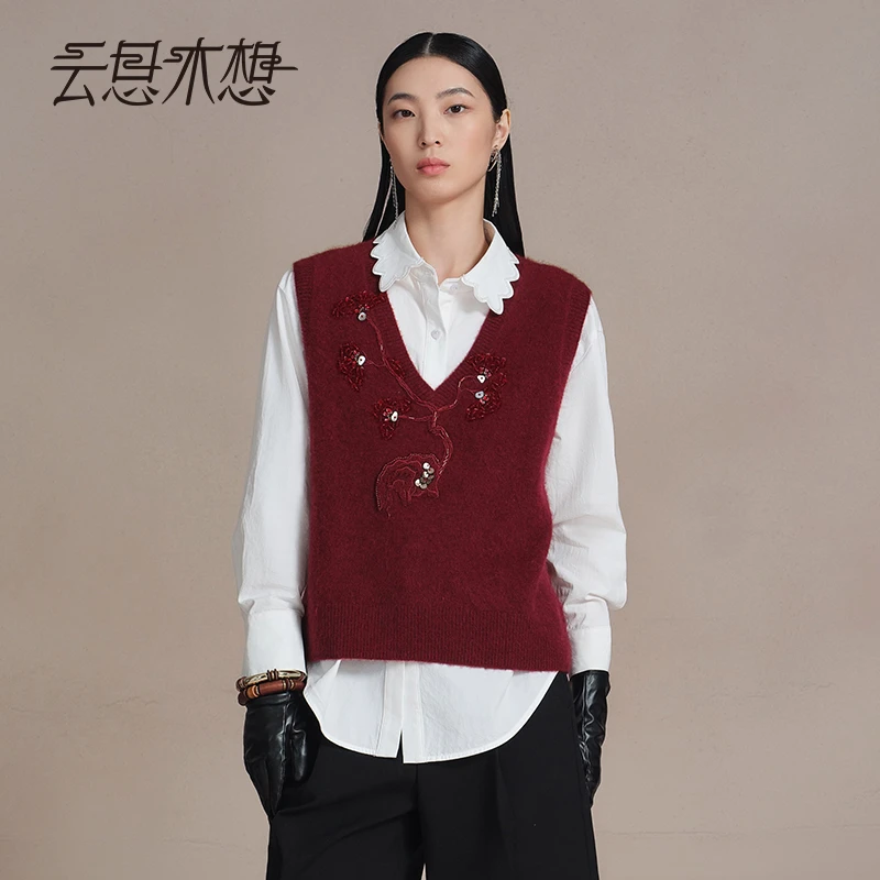 Ysimo-X云思木想青松抱石牦牛绒V领毛巾绣钉珠钉钻毛针织衫13846