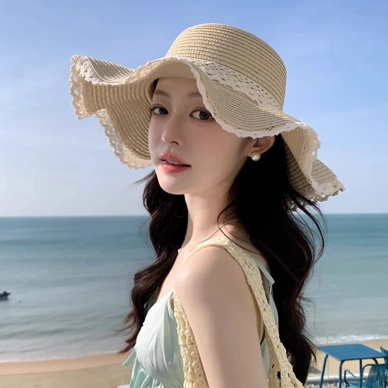 【网红推荐】大帽檐编织帽海沙滩度假蕾丝蝴蝶草帽女遮阳防晒帽子