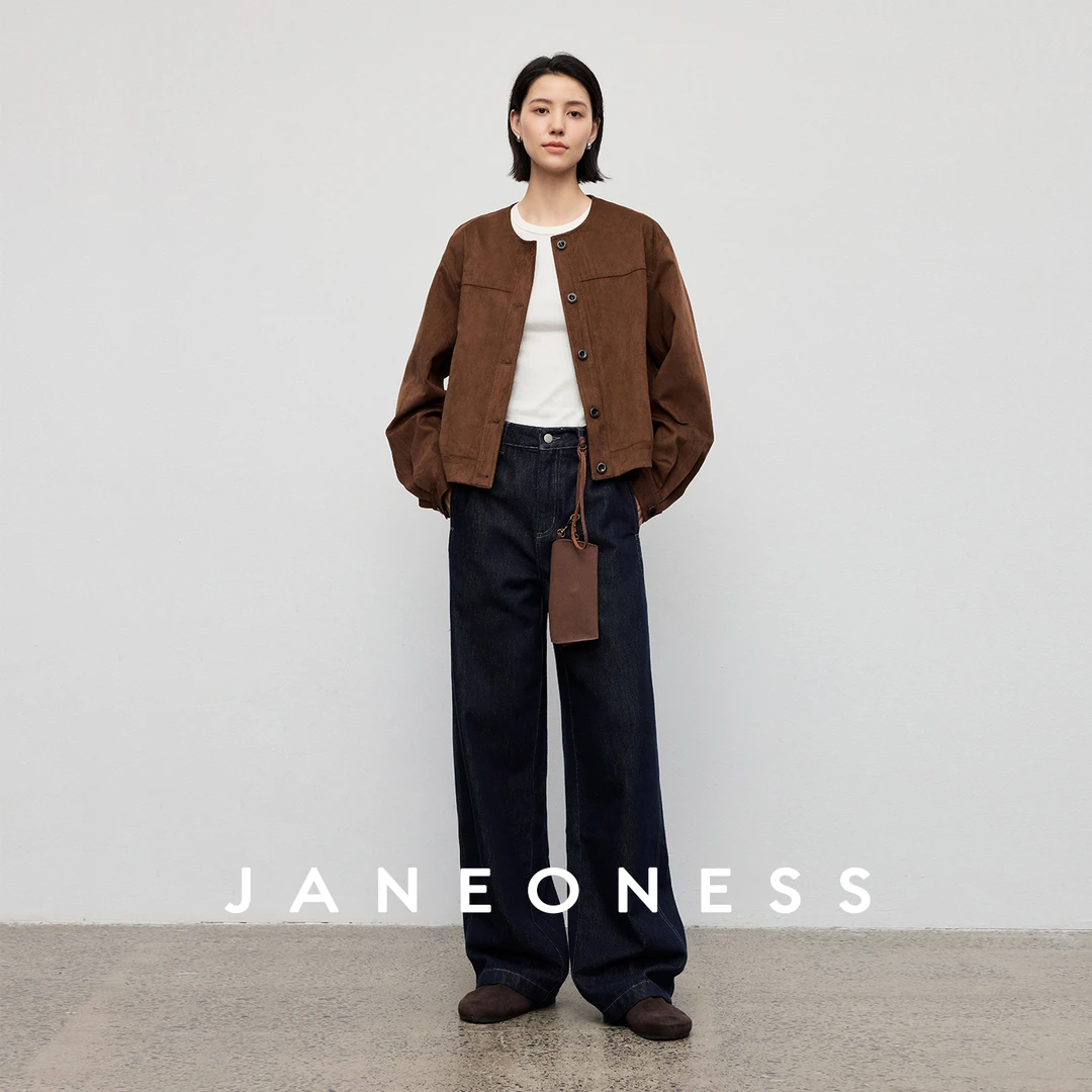 JANEONESS 复古百搭美拉德宽松麂皮绒无领夹克短外套休闲上衣女秋