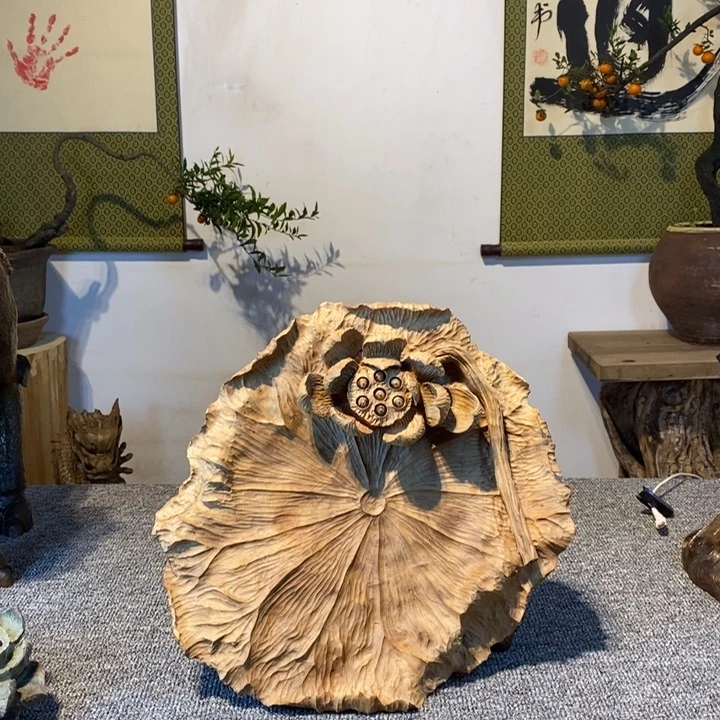 用***0香樟木香樟木雕刻荷叶果盘