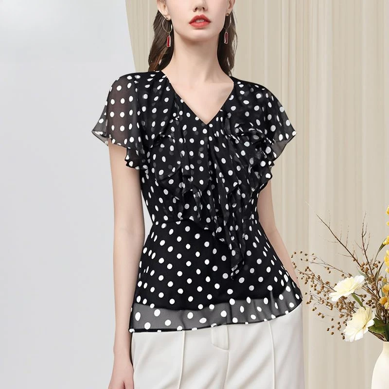 2025新款遮肚子短袖上衣气质v领荷叶边波点衬衫小衫SD256153