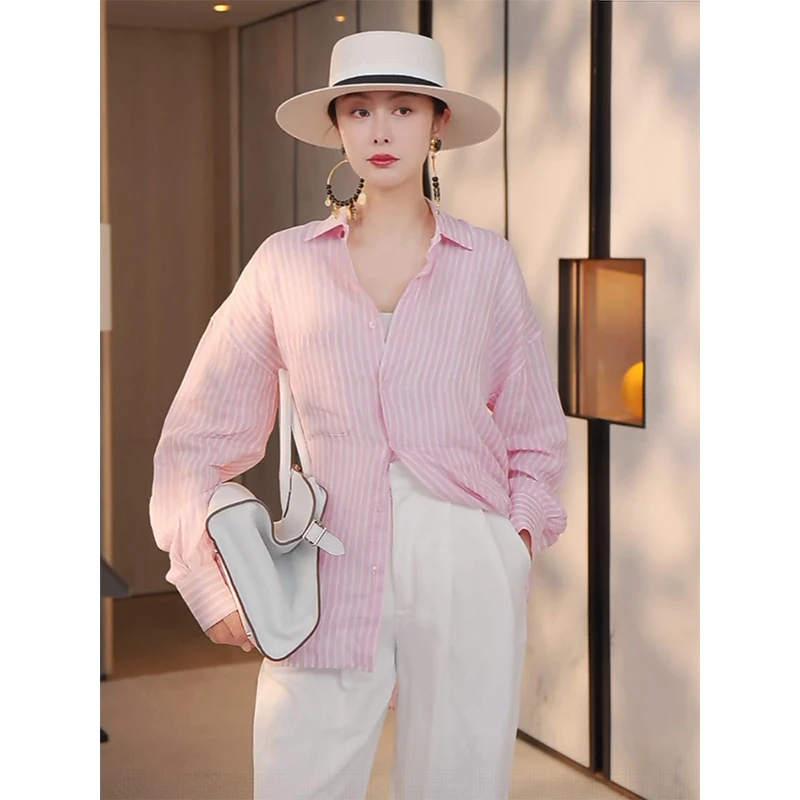 TRACYCHU细亚麻粉色细条纹都市女精英百搭休闲衬衫老钱风秋冬新品