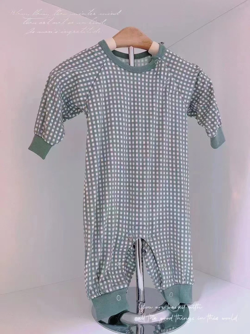 绿格子肩开单连体衣两用裆婴儿秋冬条纹婴童哈衣长袖包屁衣宝宝