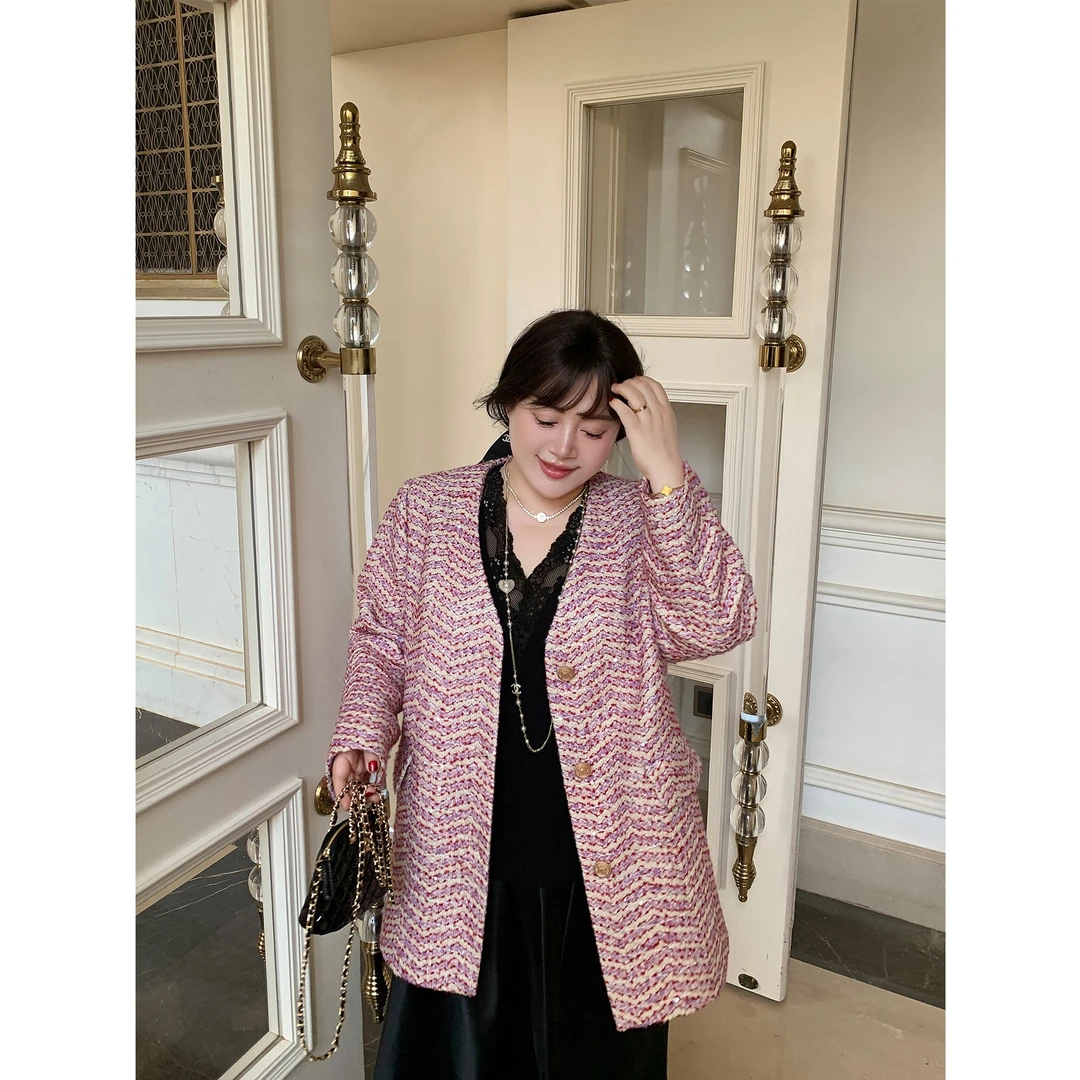 【肉肉定制】大码女装春季新品V领条纹小香风外套宽松显瘦上衣