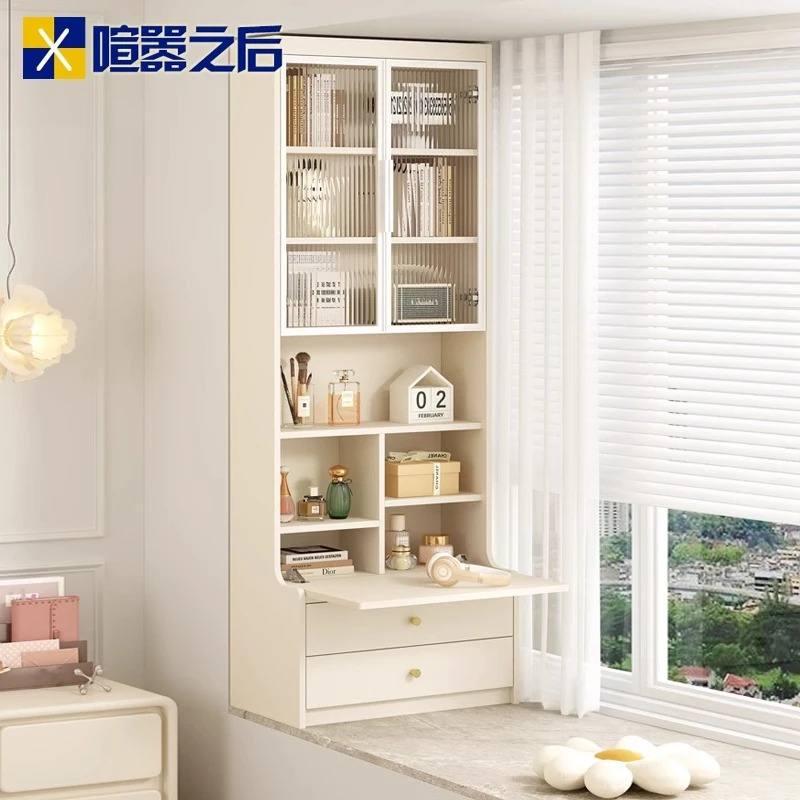 奶油风小户型飘窗梳妆台收纳柜折叠书桌柜窗台改造阳台柜定制8H18