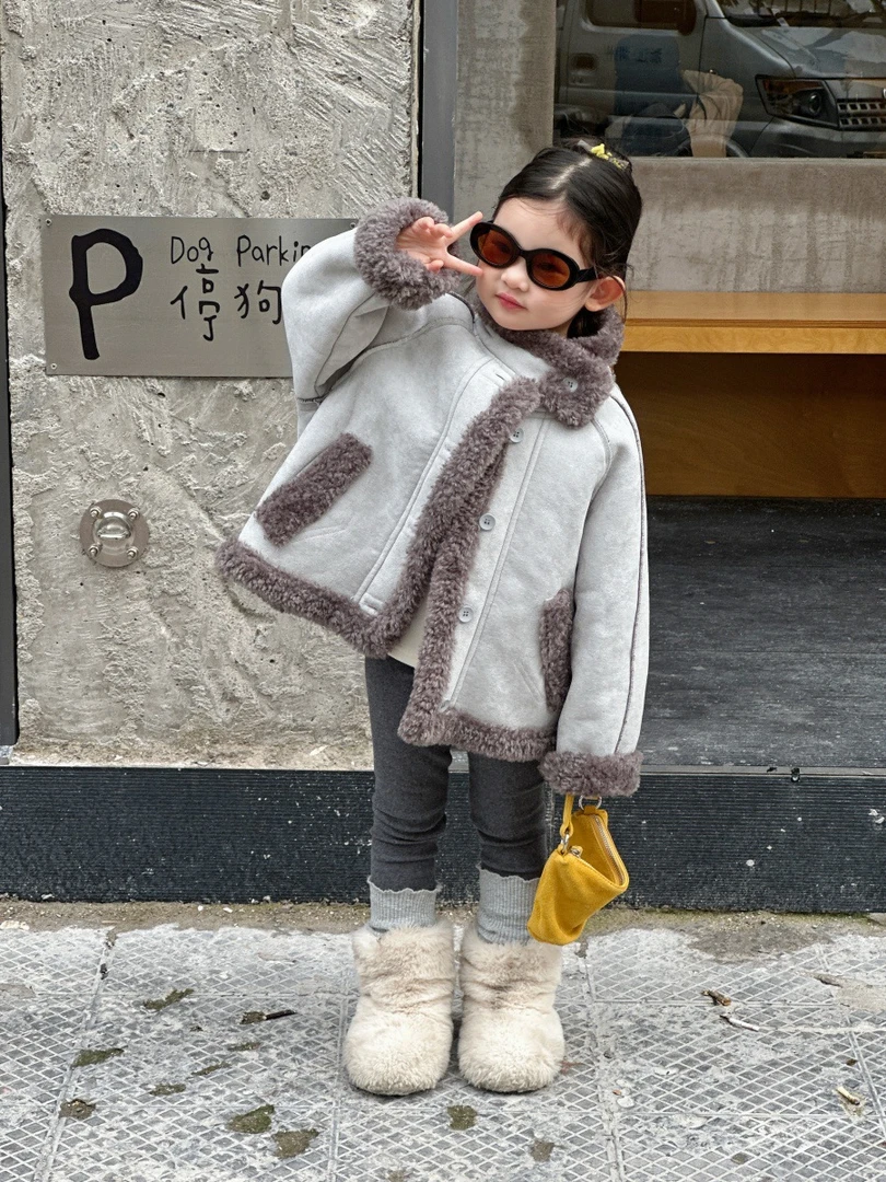 2025冬装新款女童夹克儿童洋气灰色衫毛毛外套童装