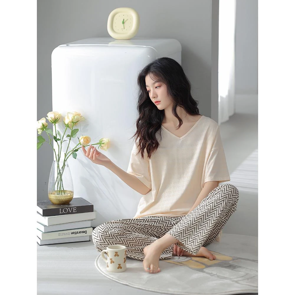 夏季纯棉短袖长裤睡衣女2025新款高级感带胸垫大码宽松外穿家居服