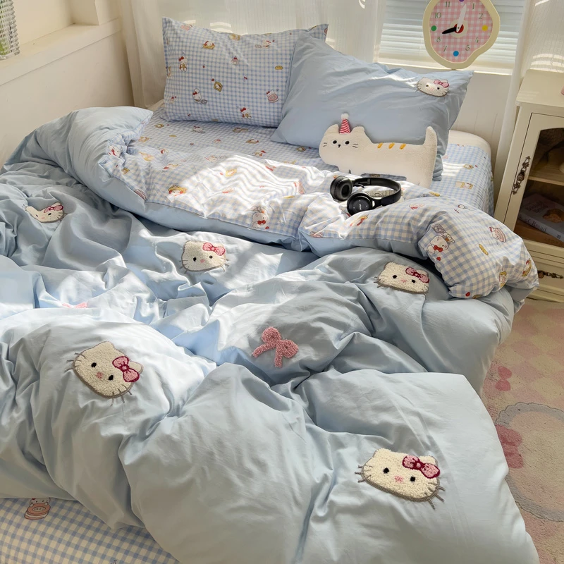 ins卡通kt猫毛巾绣被套床上四件套被罩床单宿舍单人三件套非纯棉