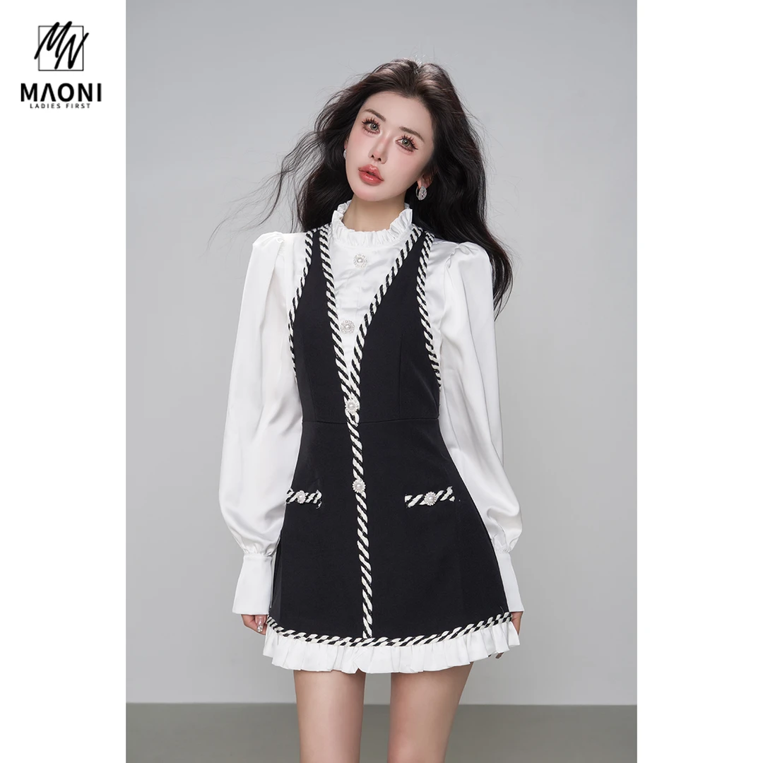 毛妮Peshe【假两件赫本连衣裙】小香风设计感拼接背带长袖春L1381