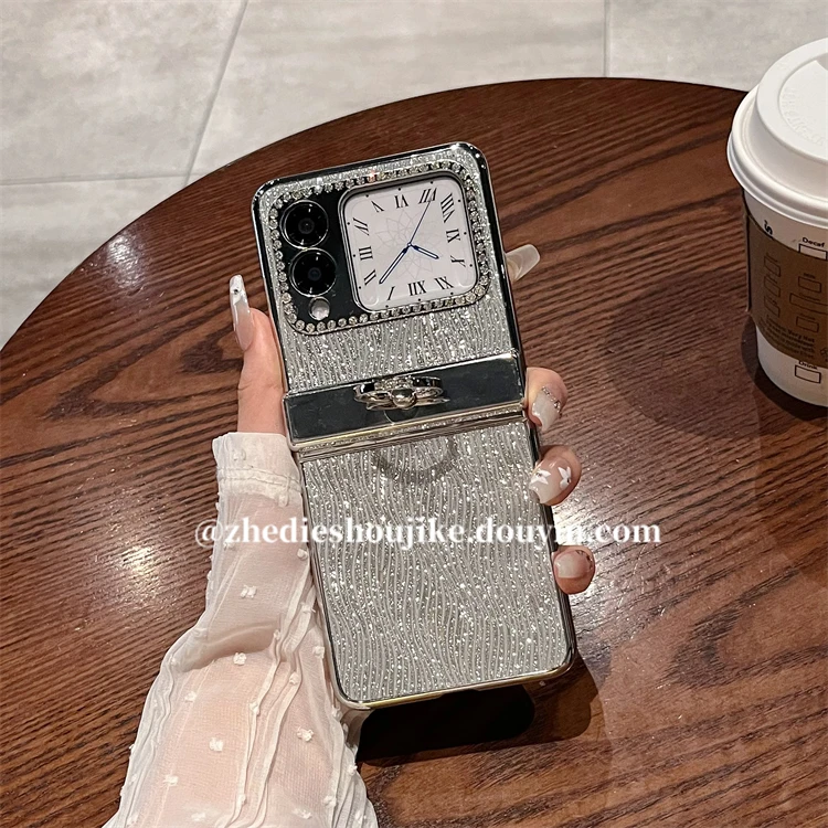 适用华为novaflip手机壳折叠屏高级感银色皮纹镶钻指环铰链保护壳