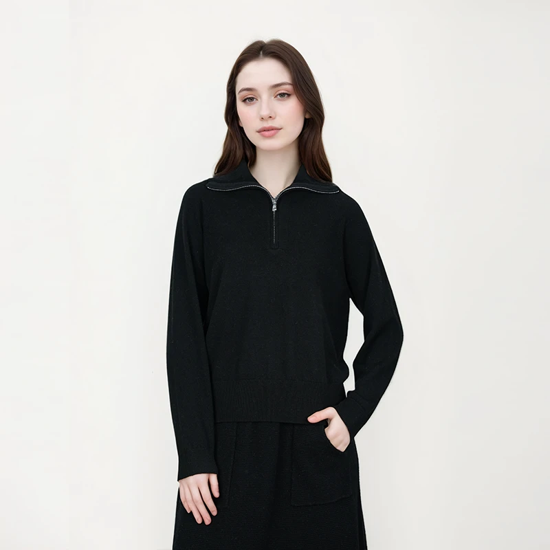 秋冬女款100%绵羊毛翻领拉链羊毛衫TN1603