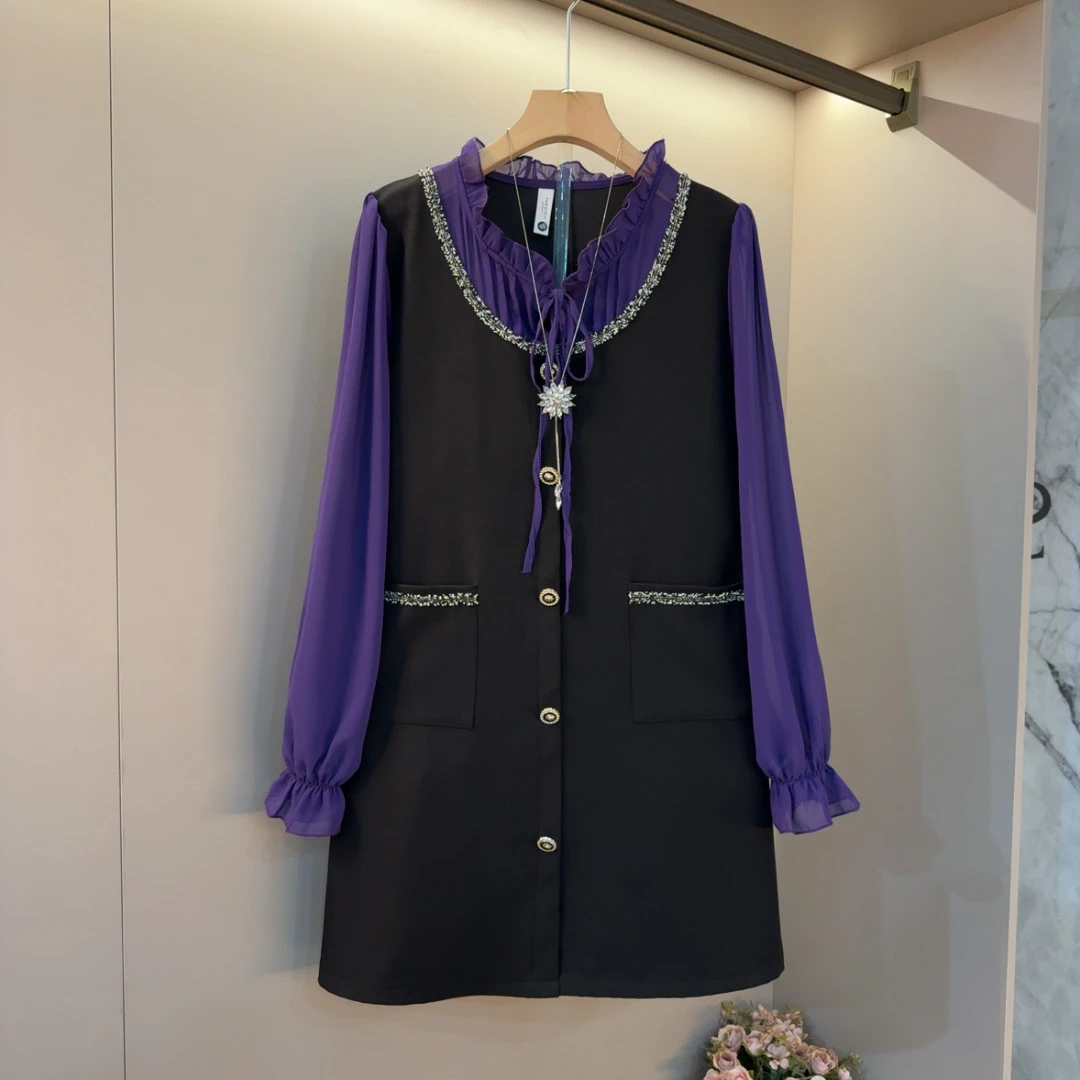 新款早春2025小香风木耳边拼接设计感胖妹妹大码女装连衣裙裙长86