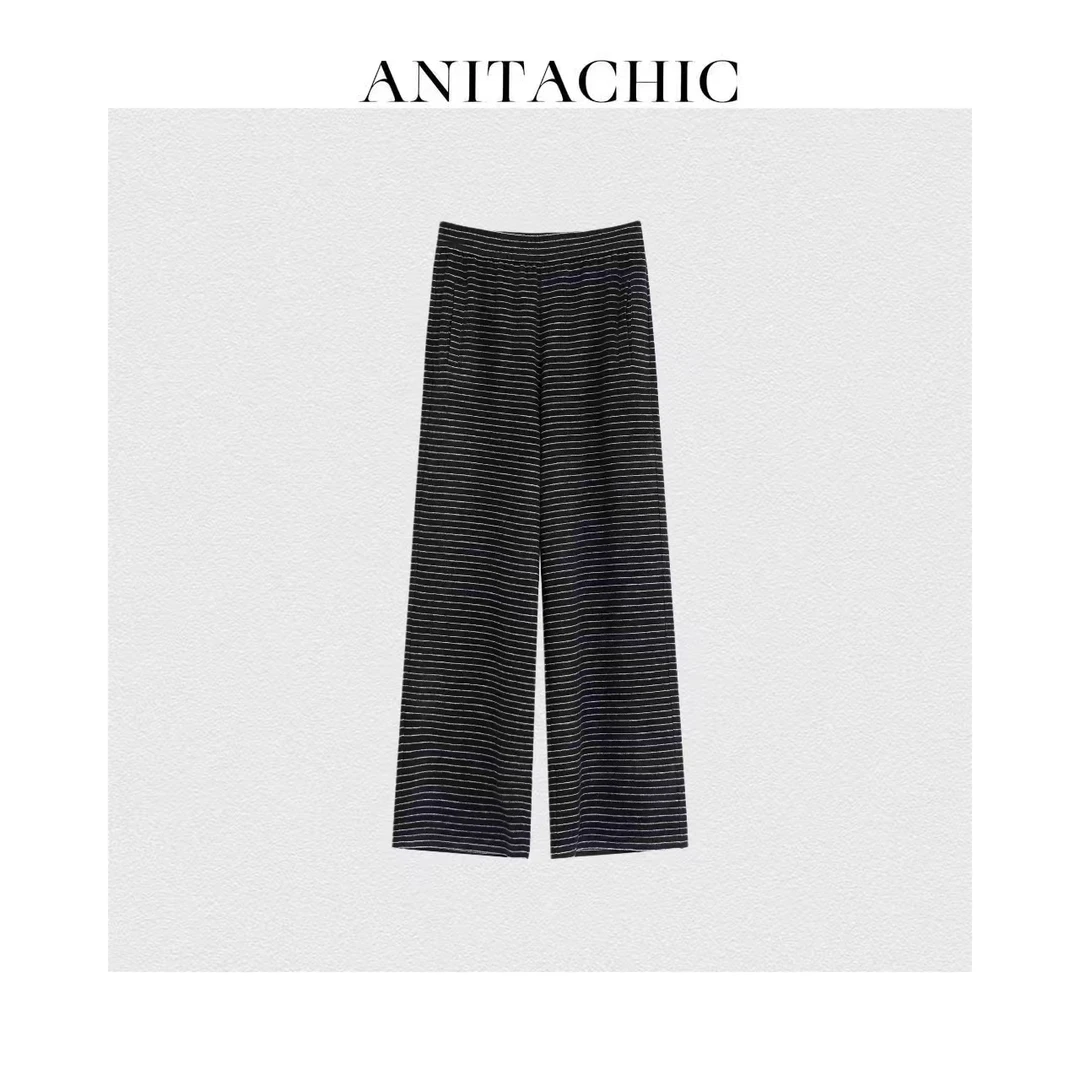 ANTC "条纹慵懒"显瘦垂坠感高腰直筒休闲长裤