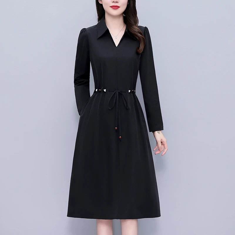 高端简约长袖连衣裙时尚洋气修身显瘦大码女装春秋季新款收腰裙子