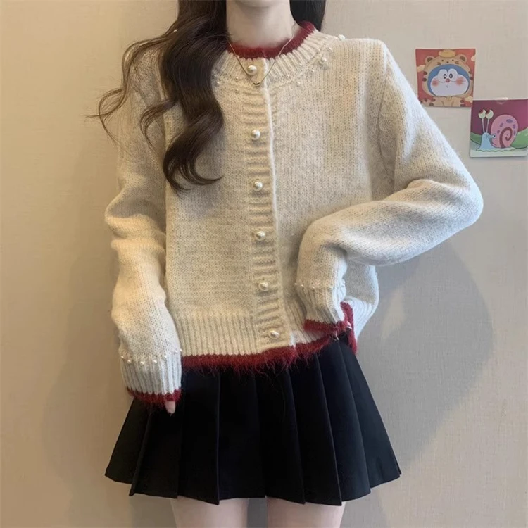 设计感软糯钉珠拼色短款开衫针织毛衣女春秋新款宽松百搭别致上衣