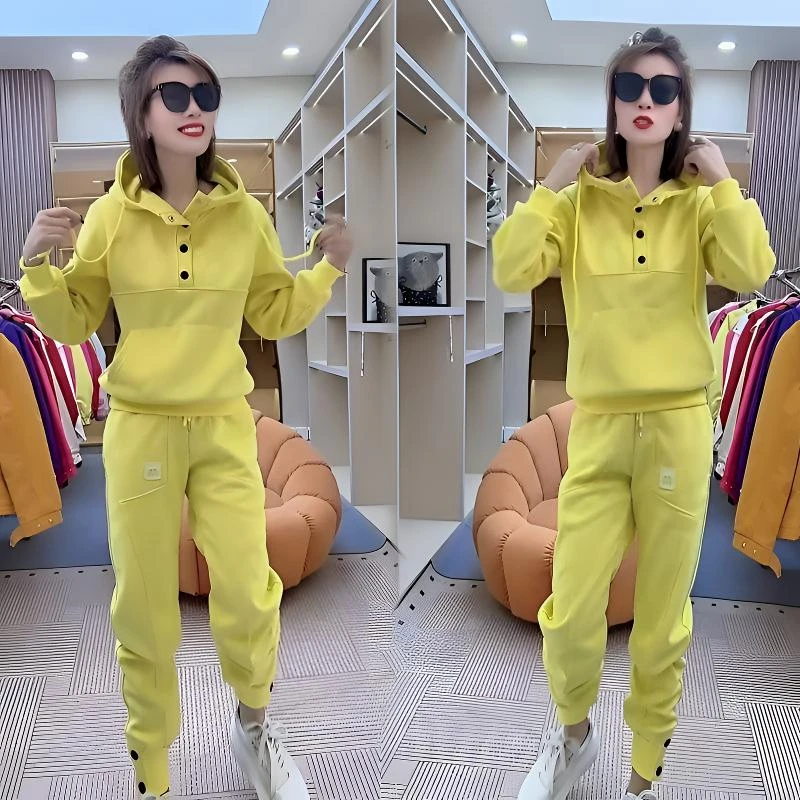 欧货网红休闲运动套装春秋款时尚洋气连帽卫衣松紧腰束脚裤两件套