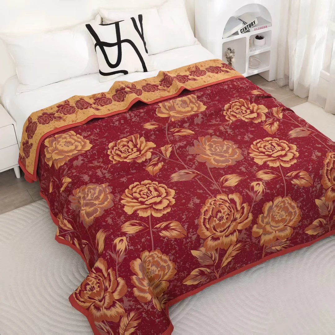 【藏红牡丹床盖230×250cm】～多层莱赛尔天丝四季床盖加厚床单