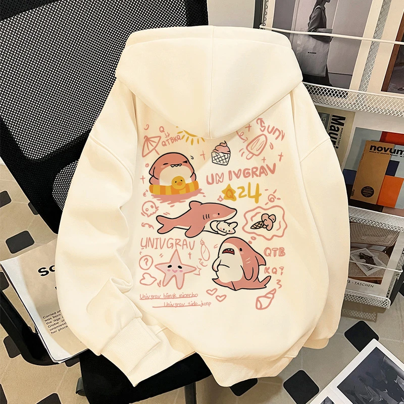 女童连帽卫衣秋冬新款卡通字母鲨鱼印花中大童加绒加厚百搭上衣服