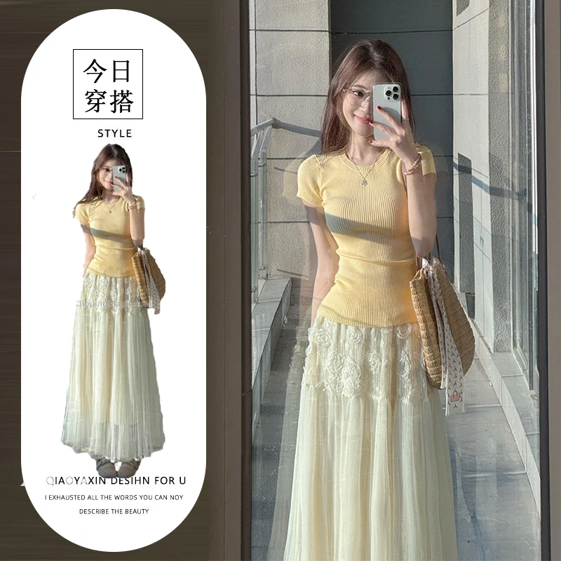 2025夏季新款韩系穿搭高级感黄色短袖上衣拼接半身裙显瘦两件套女
