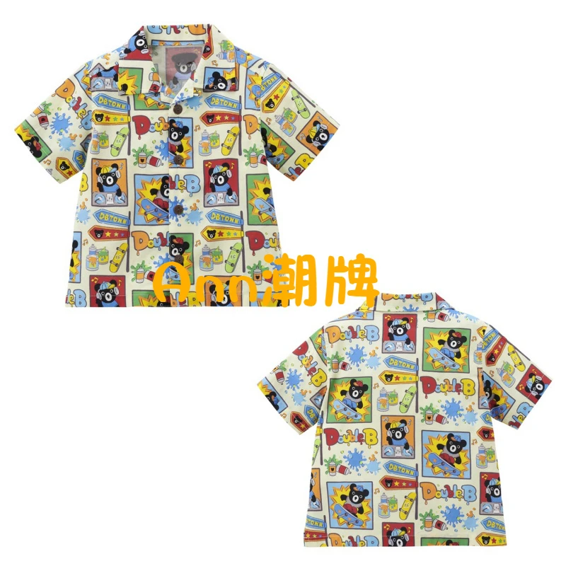 【YB3】miki DB黑熊满印衬衫 夏款同步男女童全棉度假黑熊短袖衬衫