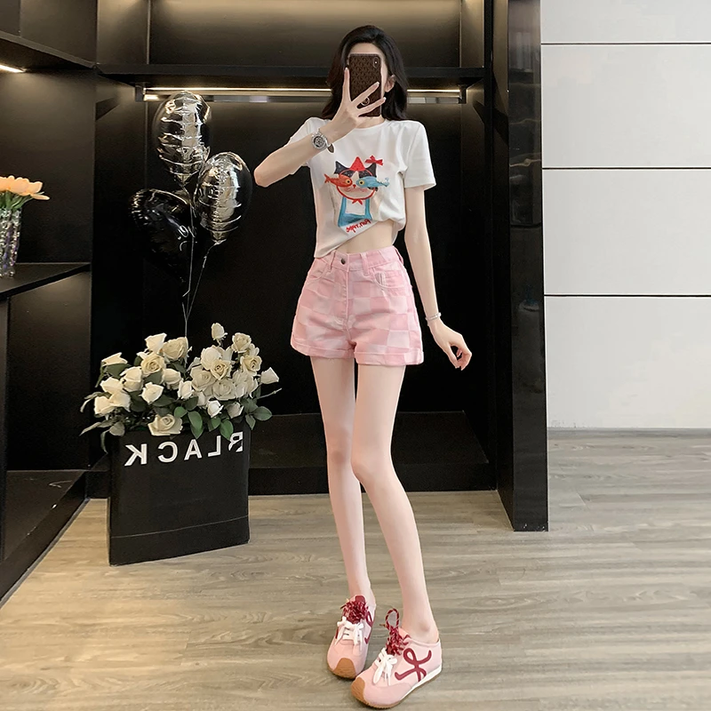 减龄搭配一整套女夏时尚休闲短款短袖T恤粉色牛仔短裤两件套洋气