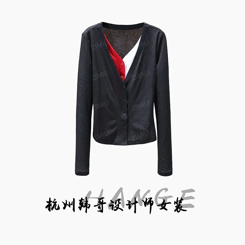 【韩哥女装】2025秋季新品高弹垂感面料暗夜黑V领撞色气质上衣9883