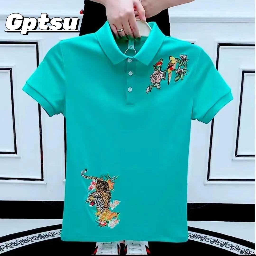 GPTSu夏季新款潮牌老虎刺绣Polo衫短袖时尚修身显瘦高端男装上衣