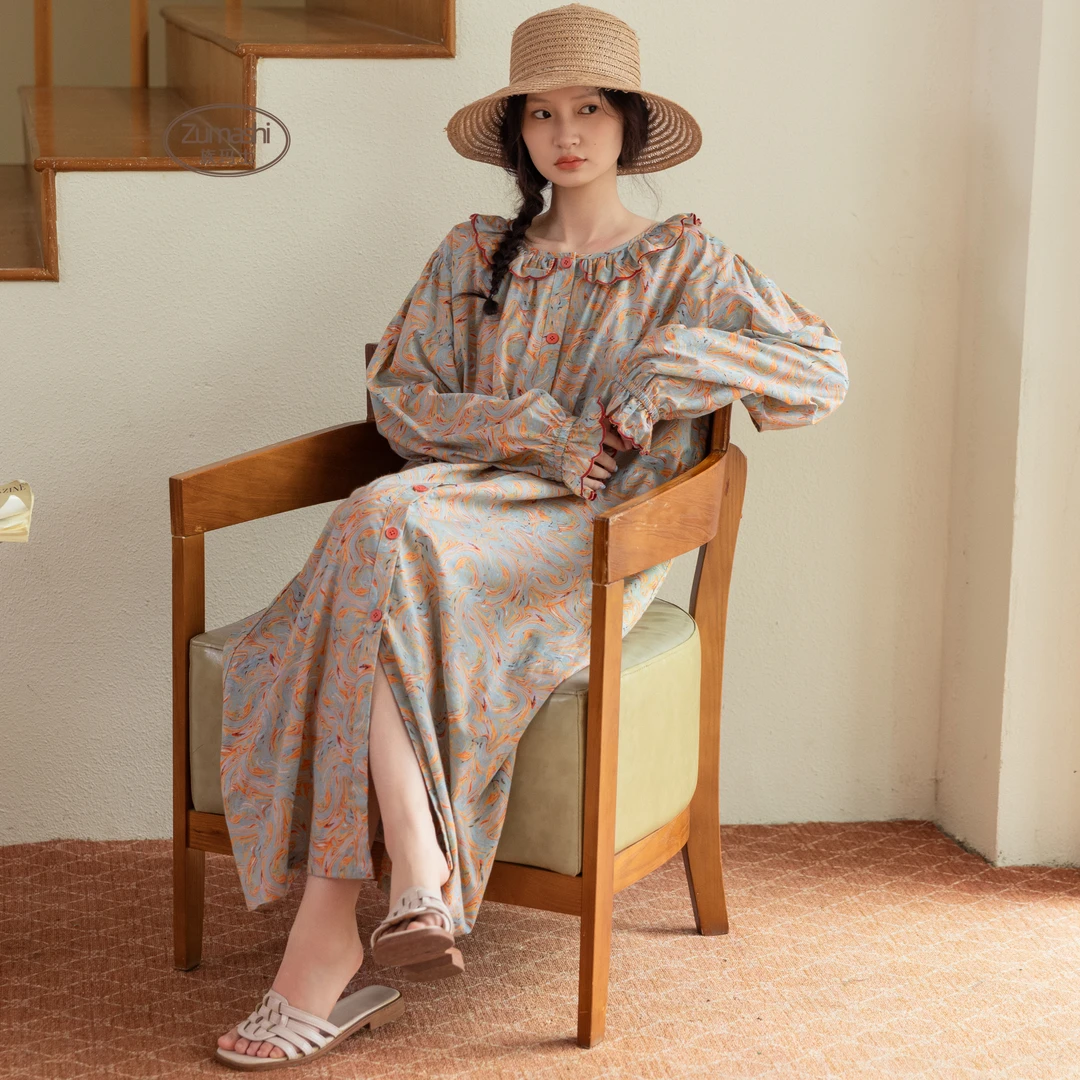 族玛士法式纯欲风纯棉长款睡裙女士2025新款大码可外穿家居服睡衣