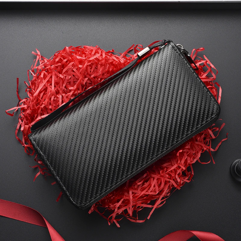 2025商务男士钱包碳纤维纹长款防盗刷手拿包时尚百搭拉链款手机包