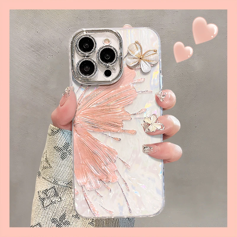 蝴蝶公仔适用苹果15promax/13精孔贝壳纹iPhone16/14手机壳11/12
