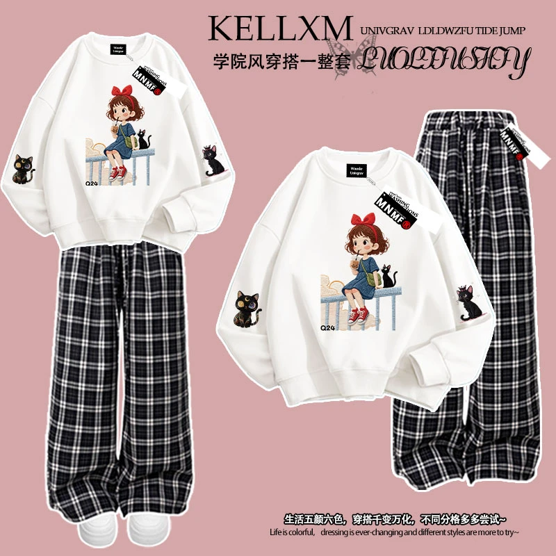 卡通洋气小女孩印花女童秋冬季加绒圆领卫衣长裤套装中大童两件套