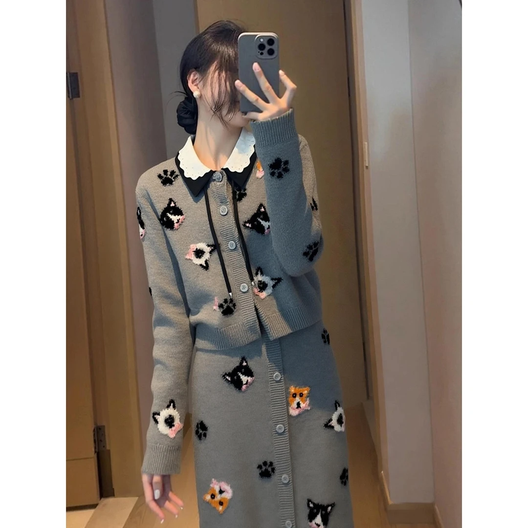 巨好看的秋冬一整套韩系减龄洋气小众设计感猫爪提花毛衣套装裙女