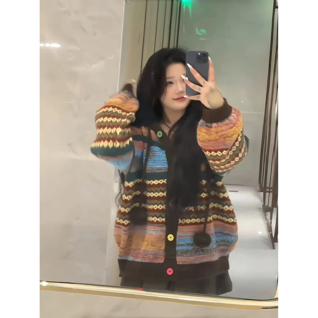 大码女装复古撞色条纹连帽毛衣外套秋冬微胖mm宽松显瘦针织衫上衣