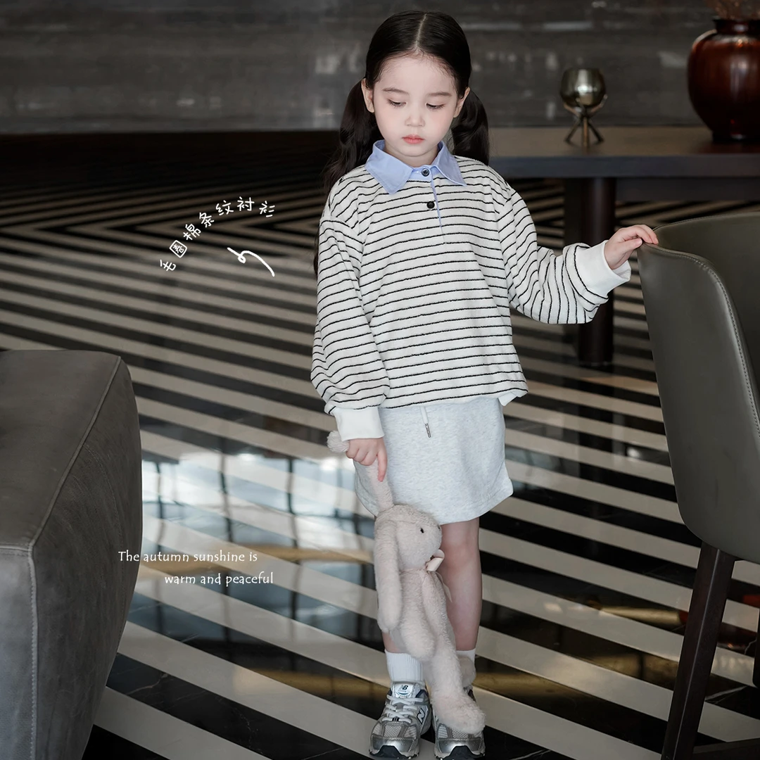 AnnieGirl秋季新款女童条纹polo衫卫衣上衣韩版长袖t恤2025秋款