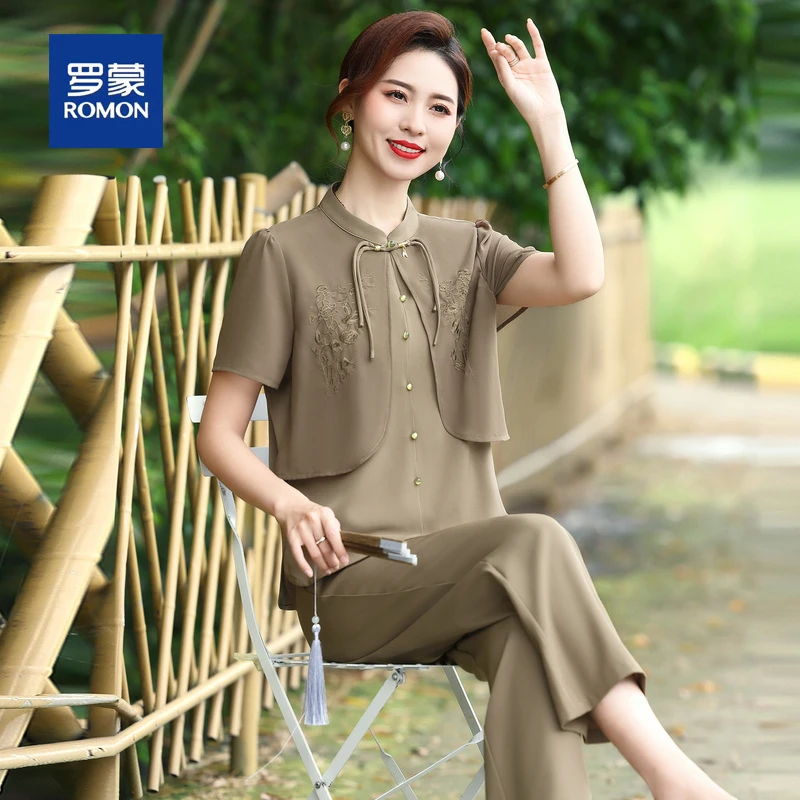 罗蒙年轻妈妈夏装两件套装50岁中年女夏季雪纺上衣中老年T恤薄款