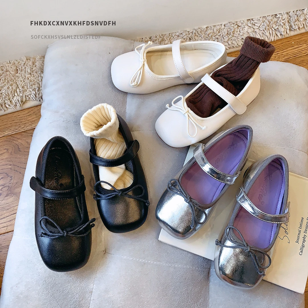 银色蝴蝶结童鞋小童女童皮鞋方头儿童公主单鞋宝宝豆豆鞋24370