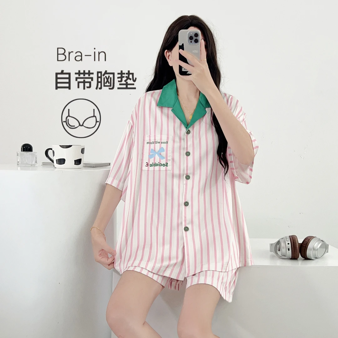 【主播推荐】知莺短款夏季短裤薄款冰丝短袖睡衣家居服女款套装6005