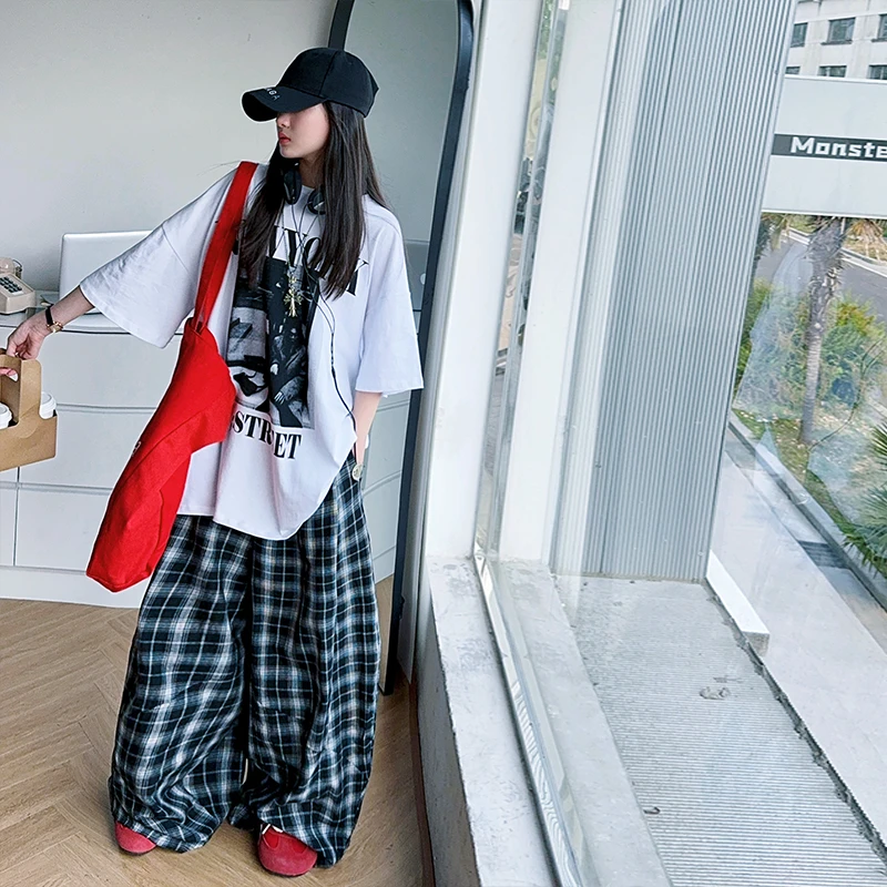 【嘻嘻柚】女童夏季美式复古欧美潮牌短袖T恤宽松格子阔腿裤两件套