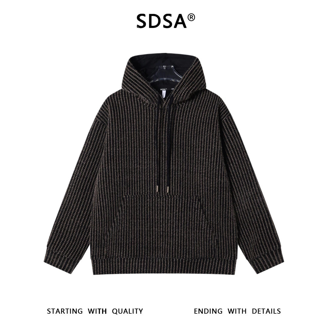 SDSA男士秋冬新款痞帅男装复古简约撞色竖纹抽绳连帽卫衣百搭宽松